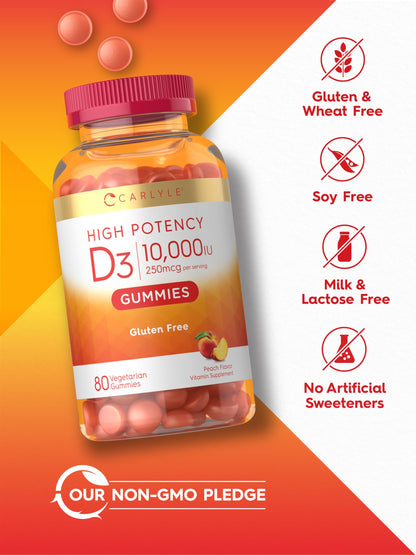 Carlyle Vitamin D3 10000iu Gummies – Peach, 80 Count | Vegetarian & Non-GMO