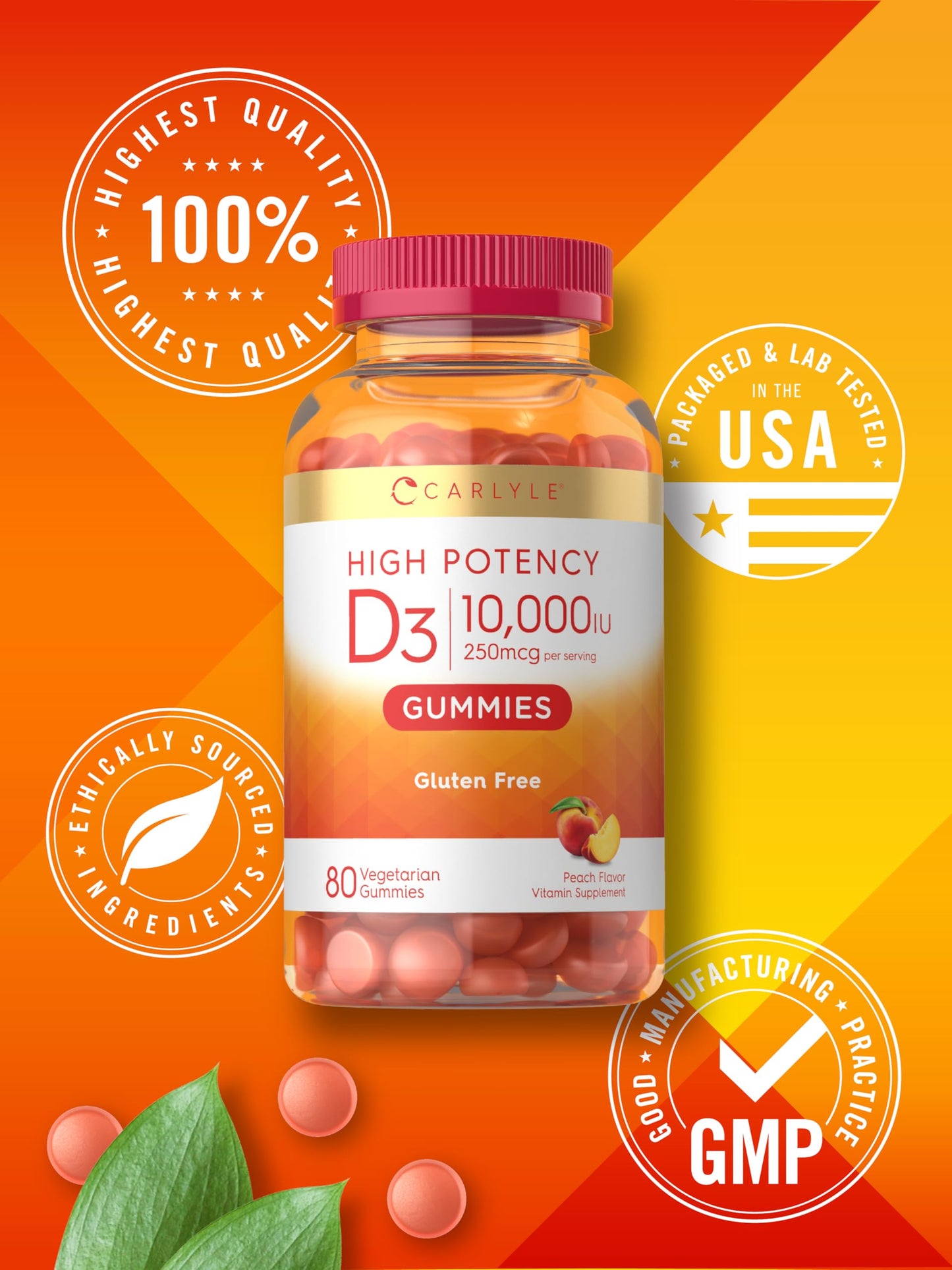 Carlyle Vitamin D3 10000iu Gummies – Peach, 80 Count | Vegetarian & Non-GMO