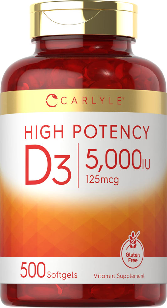Carlyle Vitamin D3 5000 IU Softgels | 500 Count | Value Size | Non-GMO and Gluten Free Supplement | High Potency Formula | 125mcg BritishVita | Premium UK Vitamins & Wellness Supplements