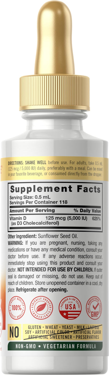 Carlyle Liquid Vitamin D3 5000 IU (125 mcg) – 2 oz | Vegetarian, Non-GMO, Gluten Free