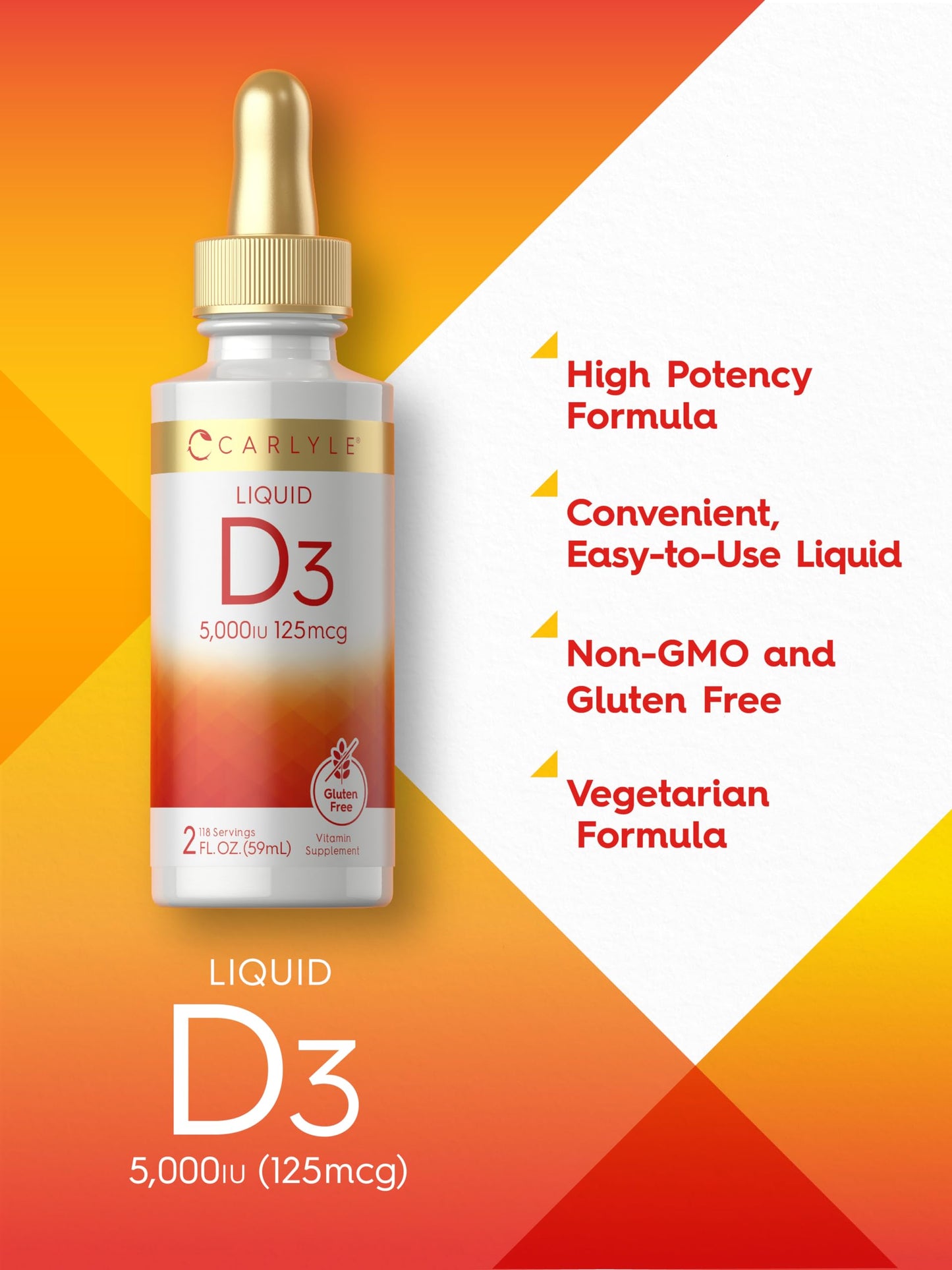 Carlyle Liquid Vitamin D3 5000 IU (125 mcg) – 2 oz | Vegetarian, Non-GMO, Gluten Free