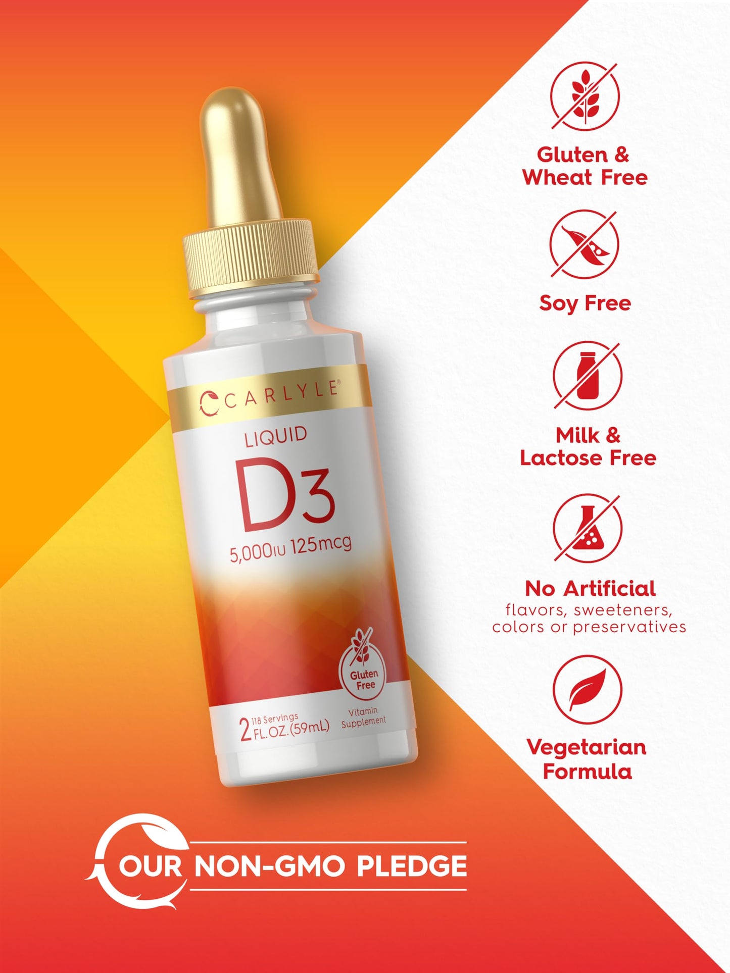 Carlyle Liquid Vitamin D3 5000 IU (125 mcg) – 2 oz | Vegetarian, Non-GMO, Gluten Free