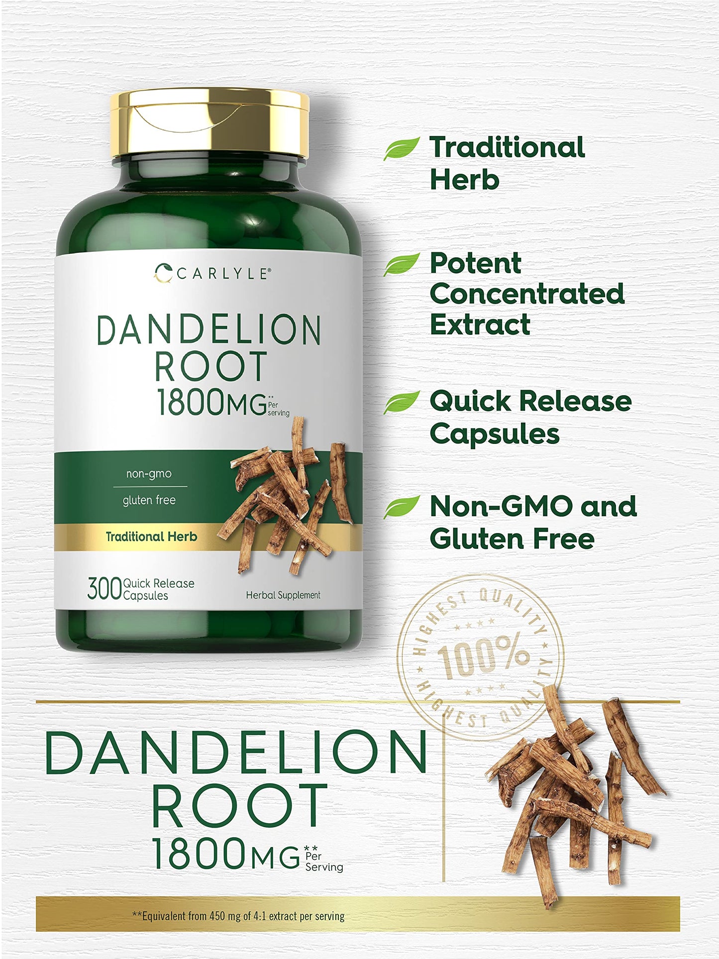Carlyle Dandelion Root 1800mg – 300 Caps | Gluten Free & Non-GMO
