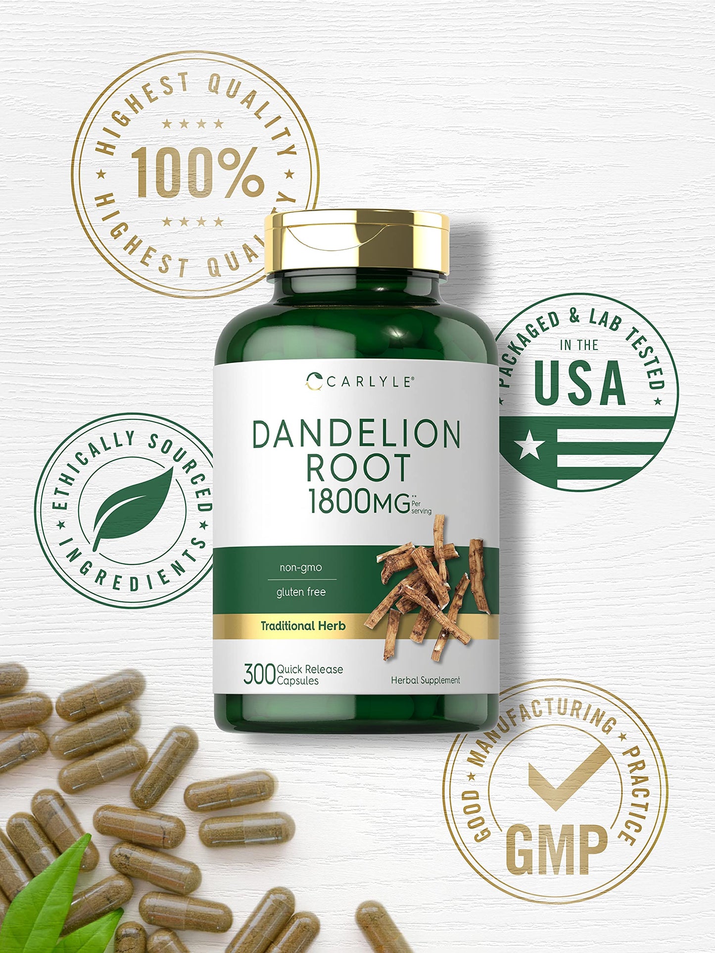 Carlyle Dandelion Root 1800mg – 300 Caps | Gluten Free & Non-GMO