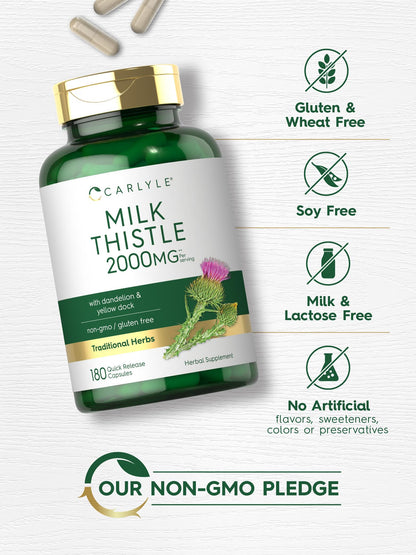 Carlyle Milk Thistle 2000mg – 180 Capsules | Dandelion & Yellow Dock | Non-GMO, Gluten Free