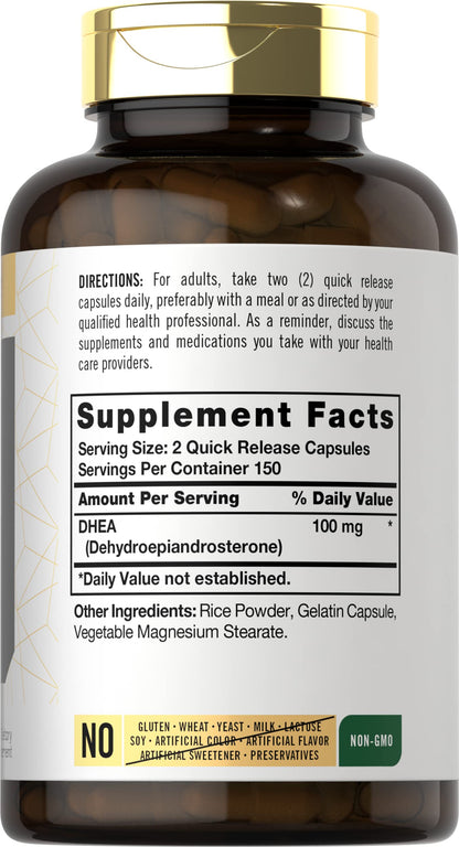 Carlyle DHEA 100mg, 300 Capsules – Non-GMO & Gluten Free (Women & Men)