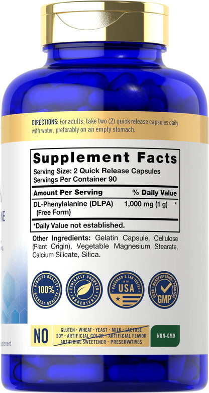 Carlyle DL-Phenylalanine 1000mg – 180 Capsules | Non-GMO & Gluten-Free DLPA Free-Form Supplement