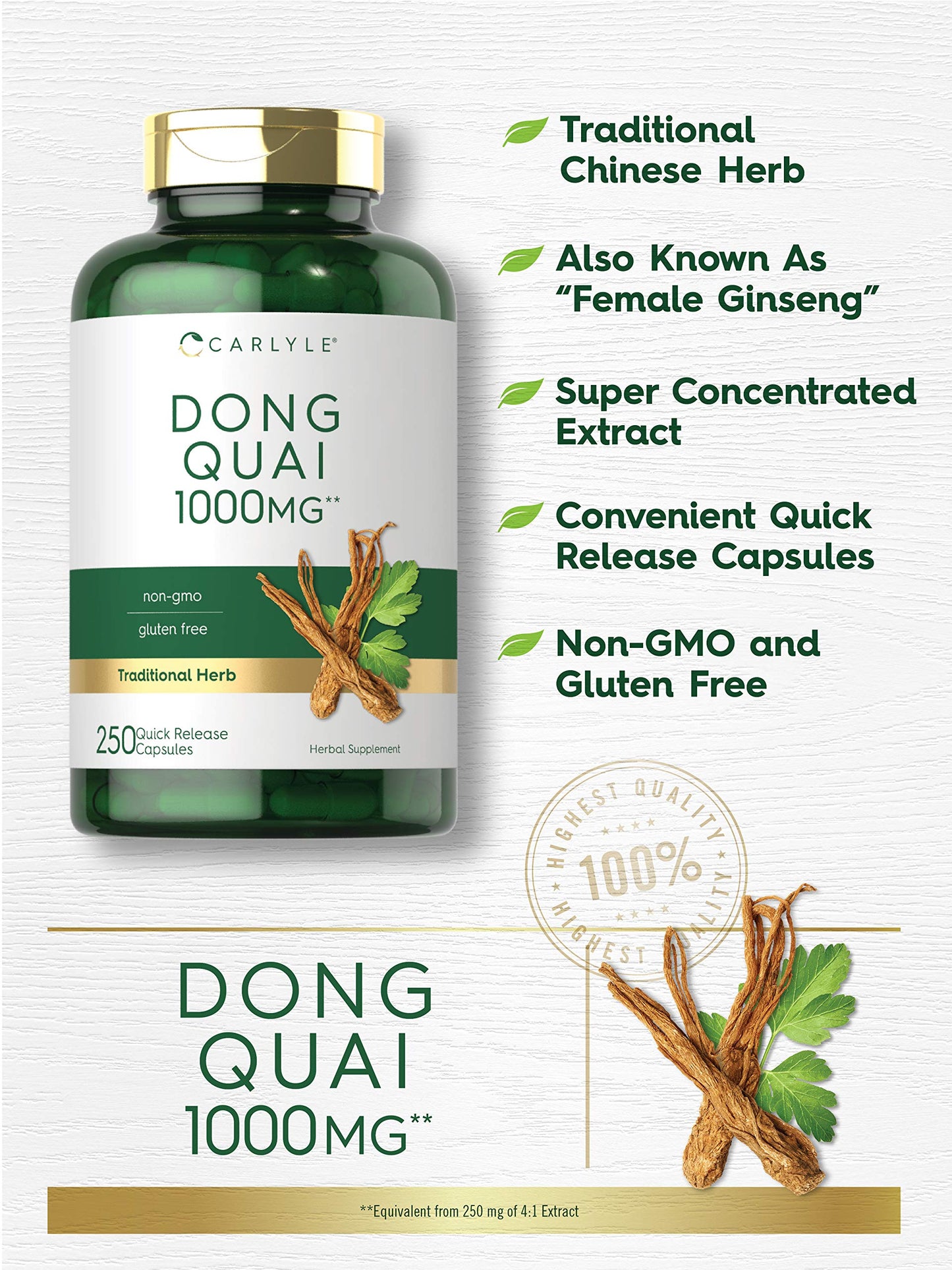 Carlyle Dong Quai Capsules 1000mg – 250 Count | Non-GMO & Gluten Free Traditional Herb