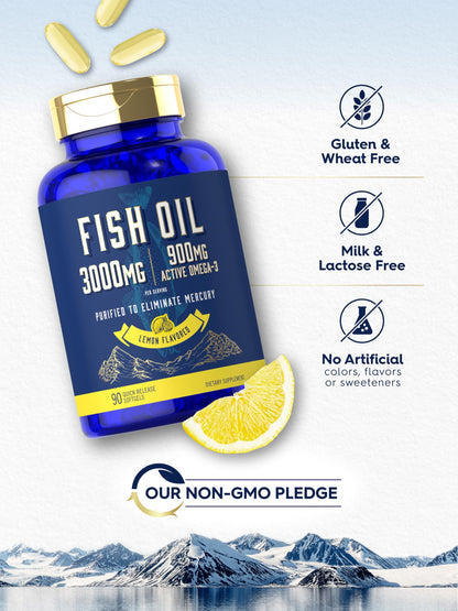 Carlyle Fish Oil 3000mg | 900mg Omega 3 | 90 Softgels | Lemon Flavor | Non-GMO and Gluten Free Supplement