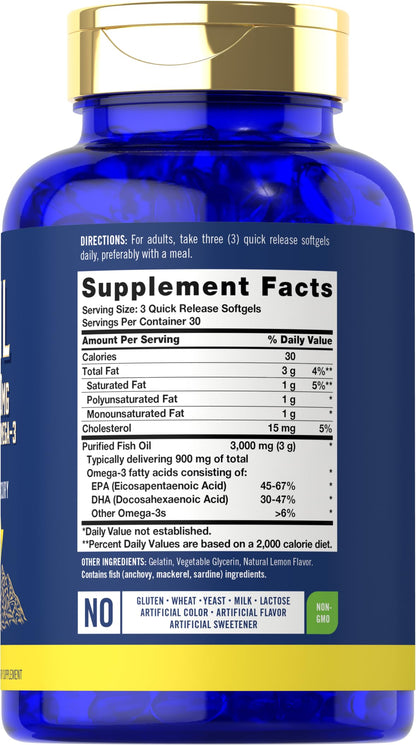 Carlyle Fish Oil 3000mg | 900mg Omega 3 | 90 Softgels | Lemon Flavor | Non-GMO and Gluten Free Supplement