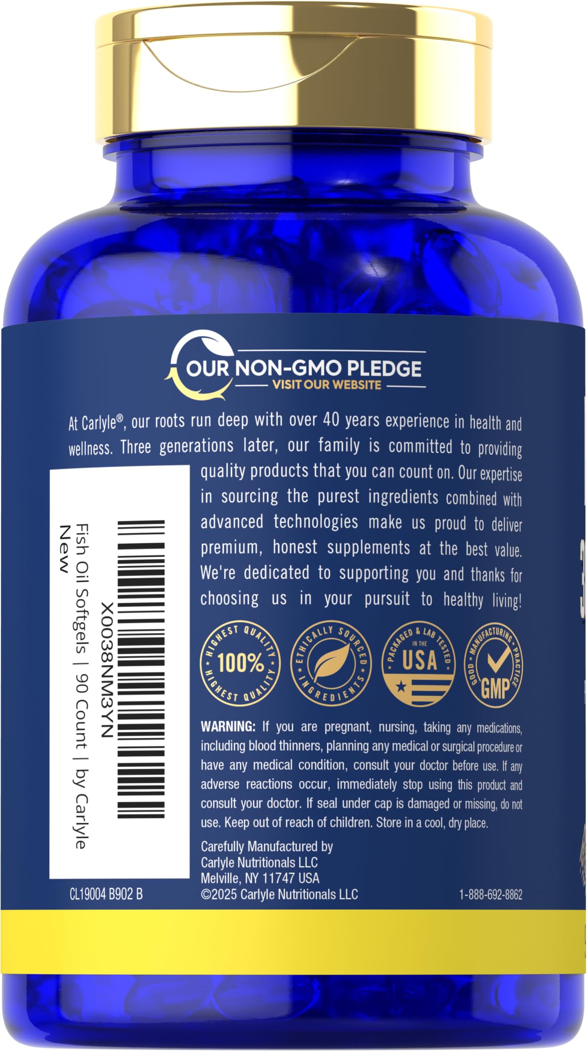 Carlyle Fish Oil 3000mg | 900mg Omega 3 | 90 Softgels | Lemon Flavor | Non-GMO and Gluten Free Supplement