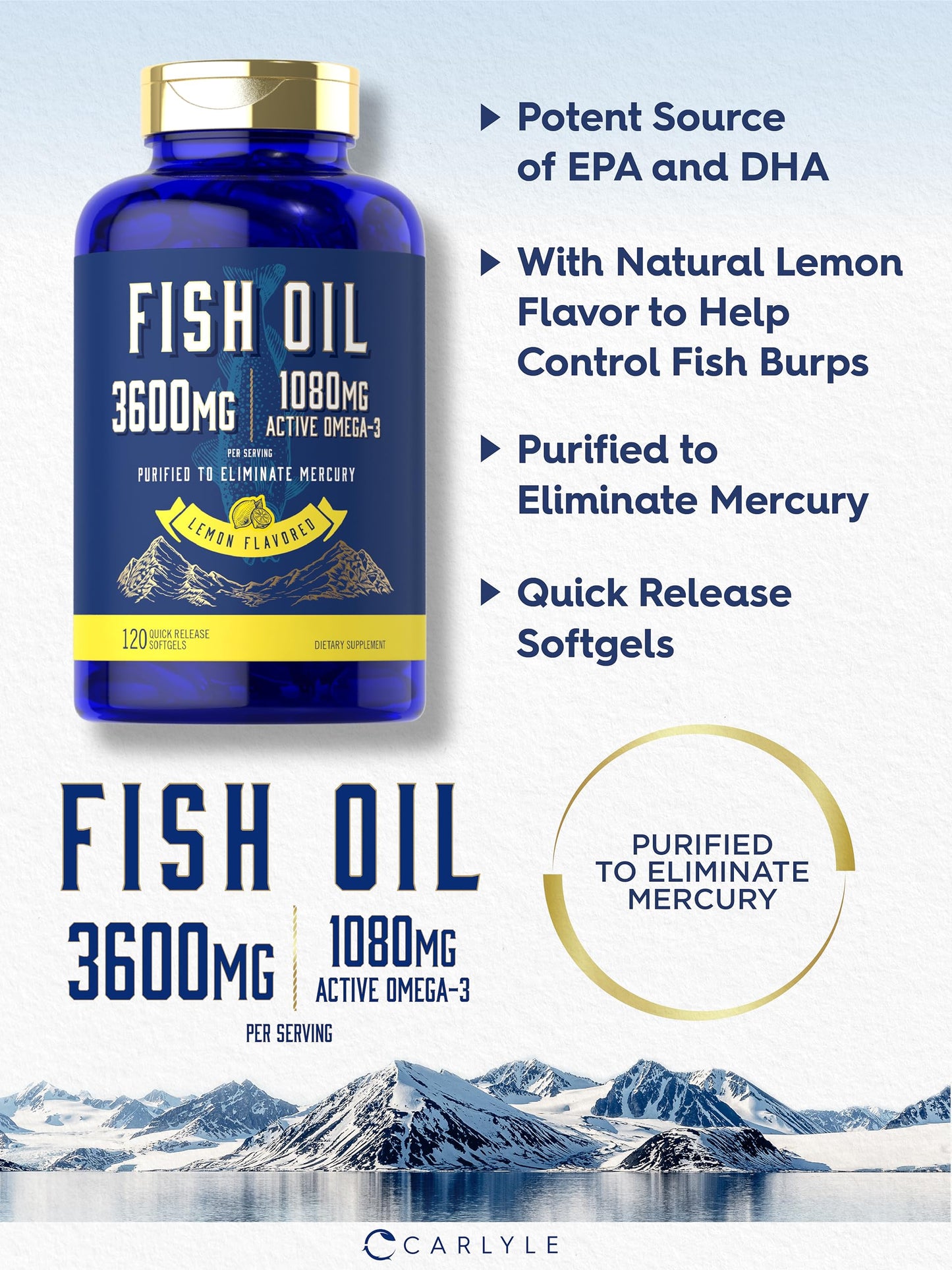 Carlyle Fish Oil 3600mg – 1080mg Omega-3, 120 Count, Non-GMO