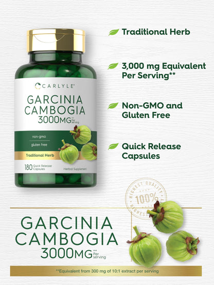 Carlyle Garcinia Cambogia Extract - 3000mg per Serving | 180 Capsules - Non-GMO & Gluten Free
