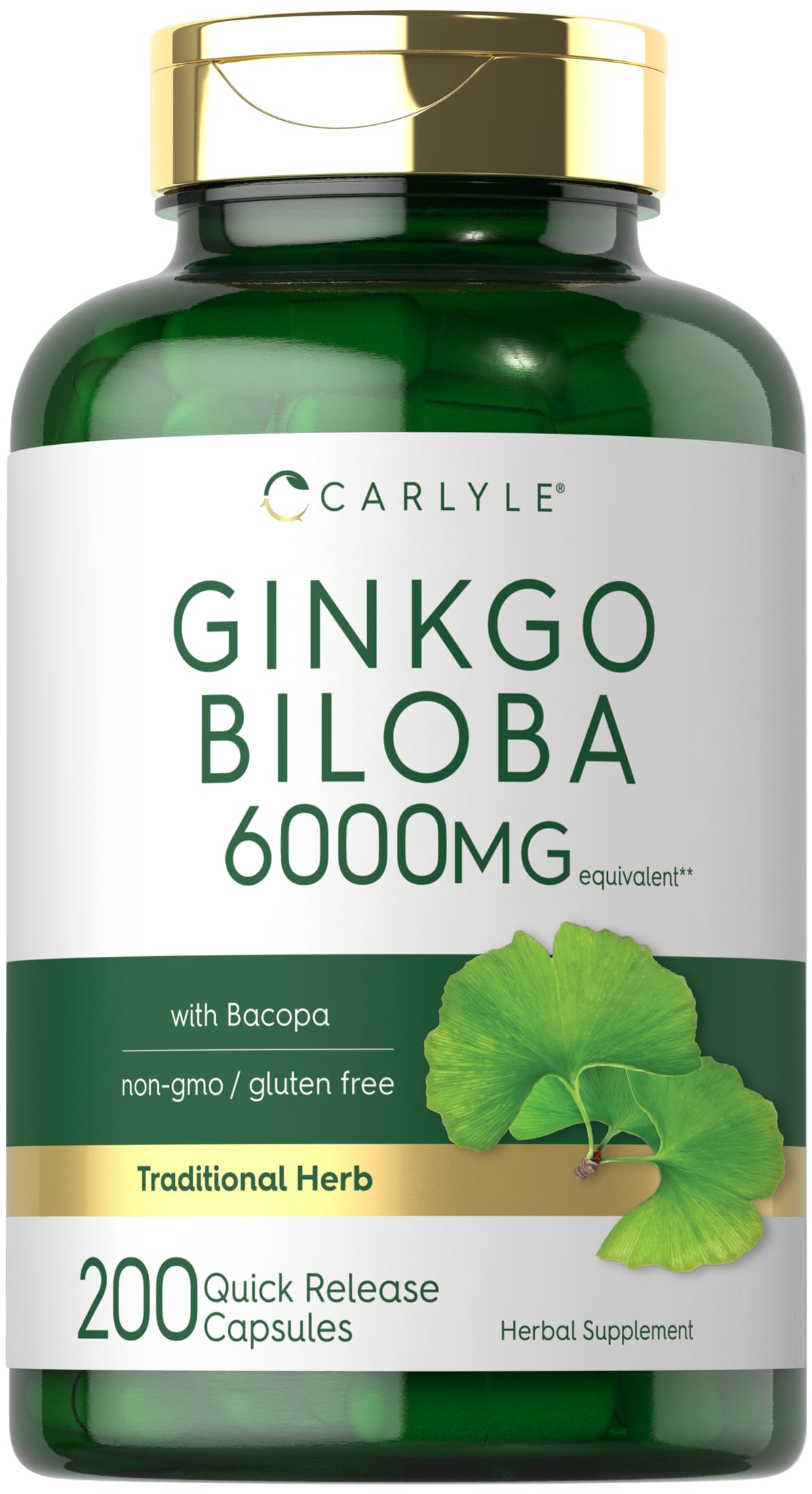 Carlyle Ginkgo Biloba Pills – 6000mg per Serving | 200 Capsules | Bacopa Extract | Extra Strength, Non-GMO & Gluten Free