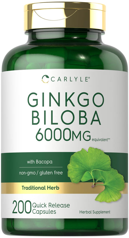 Carlyle Ginkgo Biloba Pills – 6000mg per Serving | 200 Capsules | Bacopa Extract | Extra Strength, Non-GMO & Gluten Free