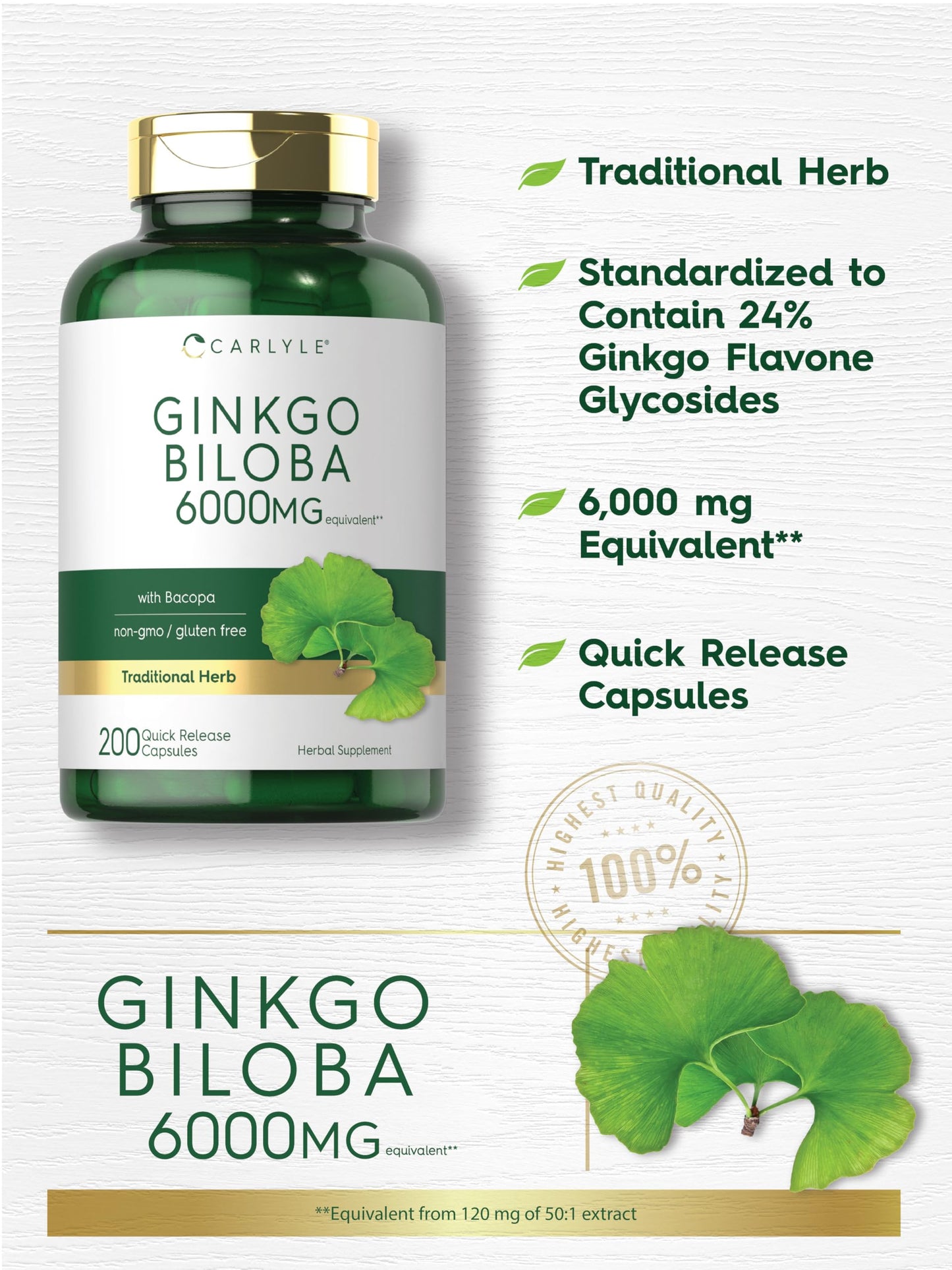 Carlyle Ginkgo Biloba Pills – 6000mg per Serving | 200 Capsules | Bacopa Extract | Extra Strength, Non-GMO & Gluten Free