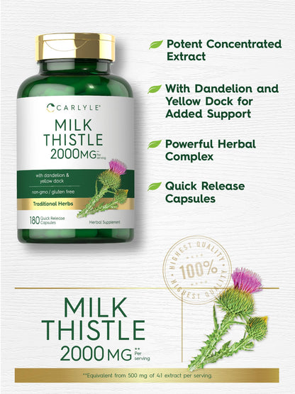 Carlyle Milk Thistle 2000mg – 180 Capsules | Dandelion & Yellow Dock | Non-GMO, Gluten Free
