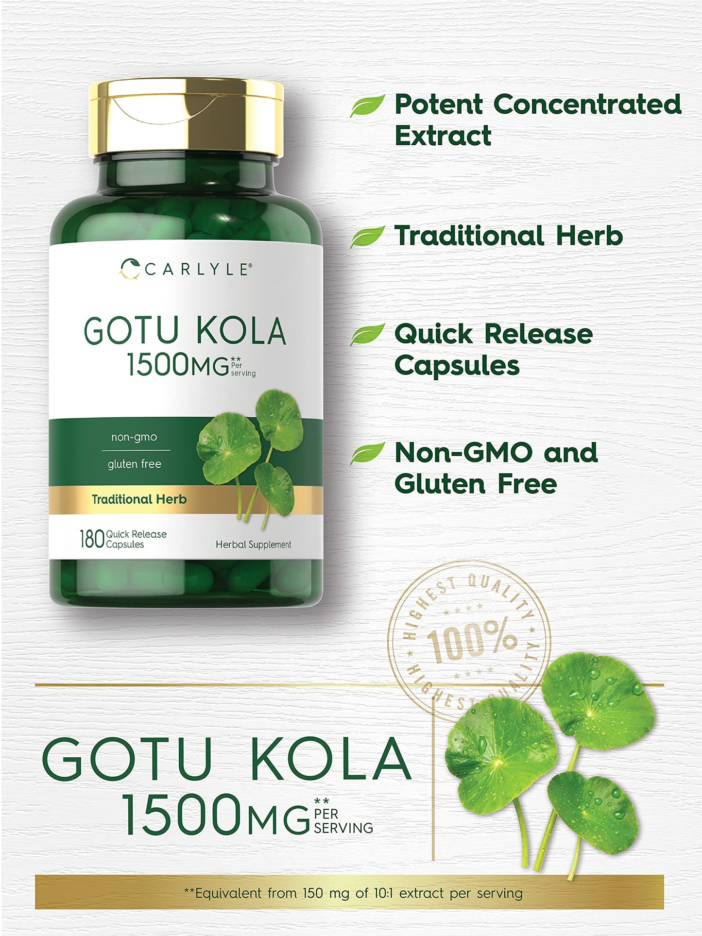 Carlyle Gotu Kola Capsules 1500mg - 180 Count | Non-GMO & Gluten Free
