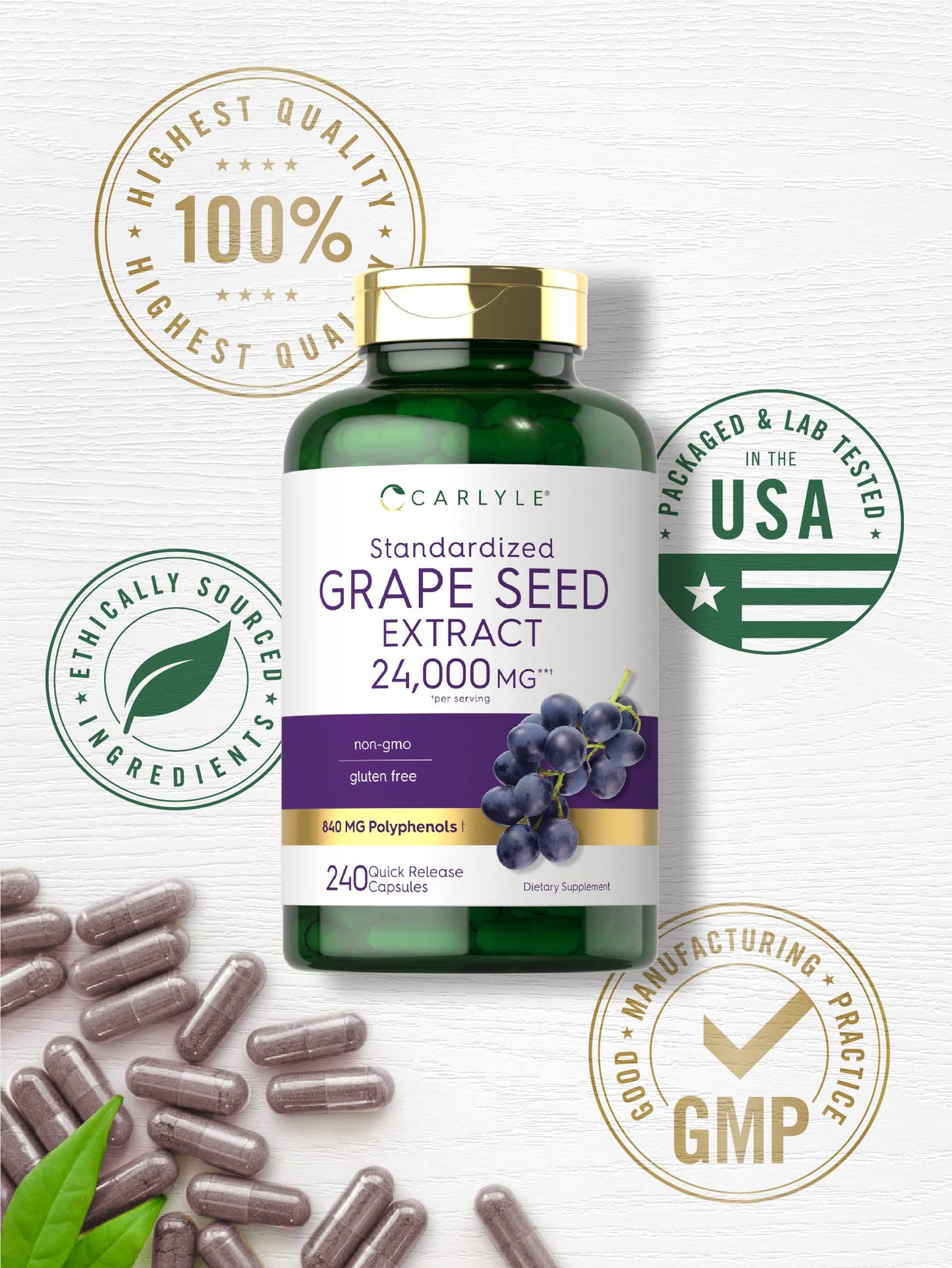 Carlyle Grape Seed Extract 24,000 mg Equivalent - 240 Capsules | Non-GMO, Gluten Free