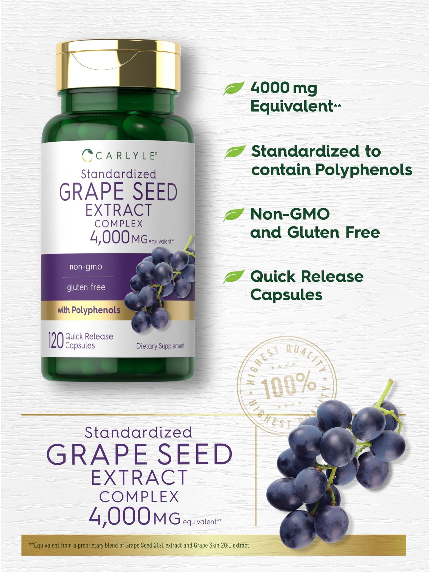 Carlyle Grape Seed Extract 4,000mg | 120 Quick Release Capsules | Polyphenol-Rich, Non-GMO & Gluten Free