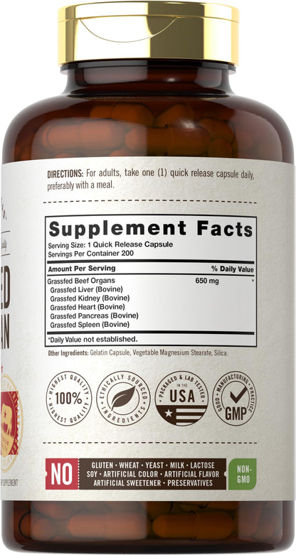Carlyle Grass Fed Beef Organ Complex - 200 Capsules | Pasture Raised, Non-GMO | Herbage Farmstead