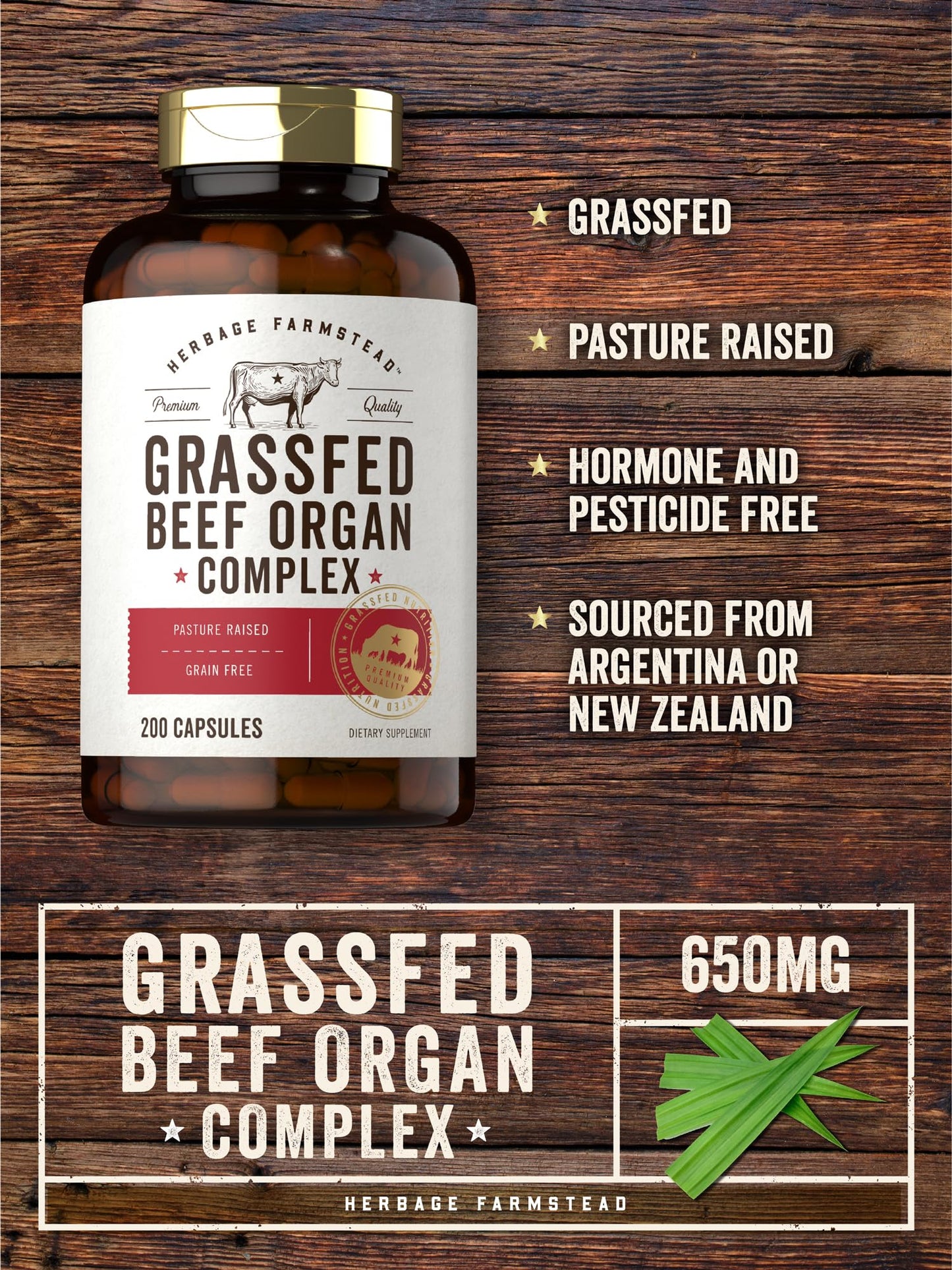 Carlyle Grass Fed Beef Organ Complex - 200 Capsules | Pasture Raised, Non-GMO | Herbage Farmstead