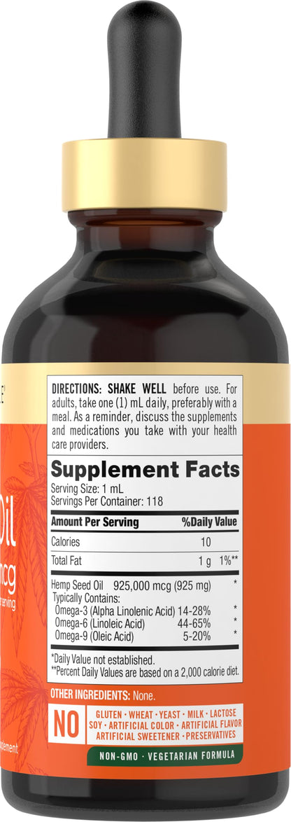 Carlyle Hemp Seed Oil 925,000 mcg | High Potency | Contains Omega 3,6,9 | Cold Pressed | Vegetarian, Non-GMO, Gluten Free
