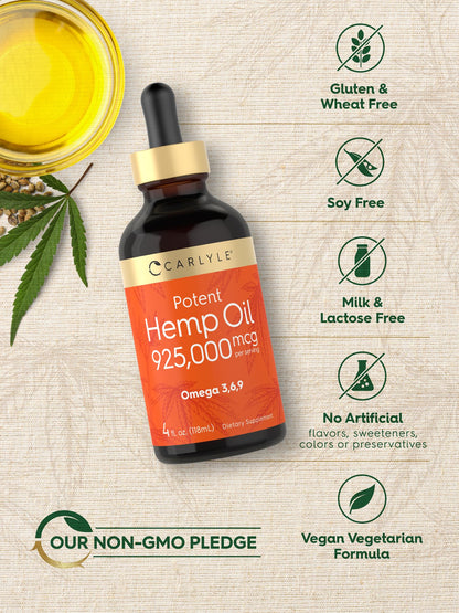 Carlyle Hemp Seed Oil 925,000 mcg | High Potency | Contains Omega 3,6,9 | Cold Pressed | Vegetarian, Non-GMO, Gluten Free