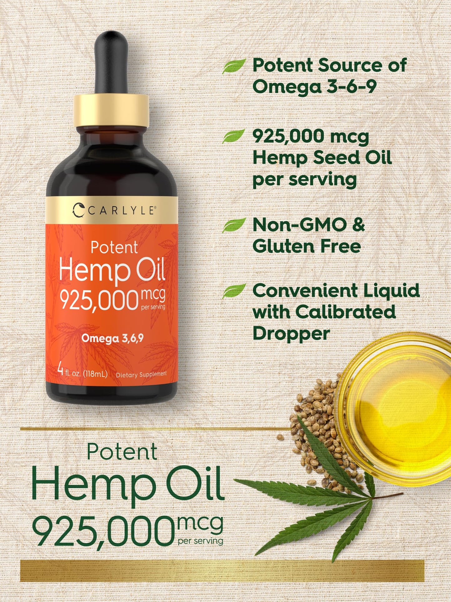 Carlyle Hemp Seed Oil 925,000 mcg | High Potency | Contains Omega 3,6,9 | Cold Pressed | Vegetarian, Non-GMO, Gluten Free
