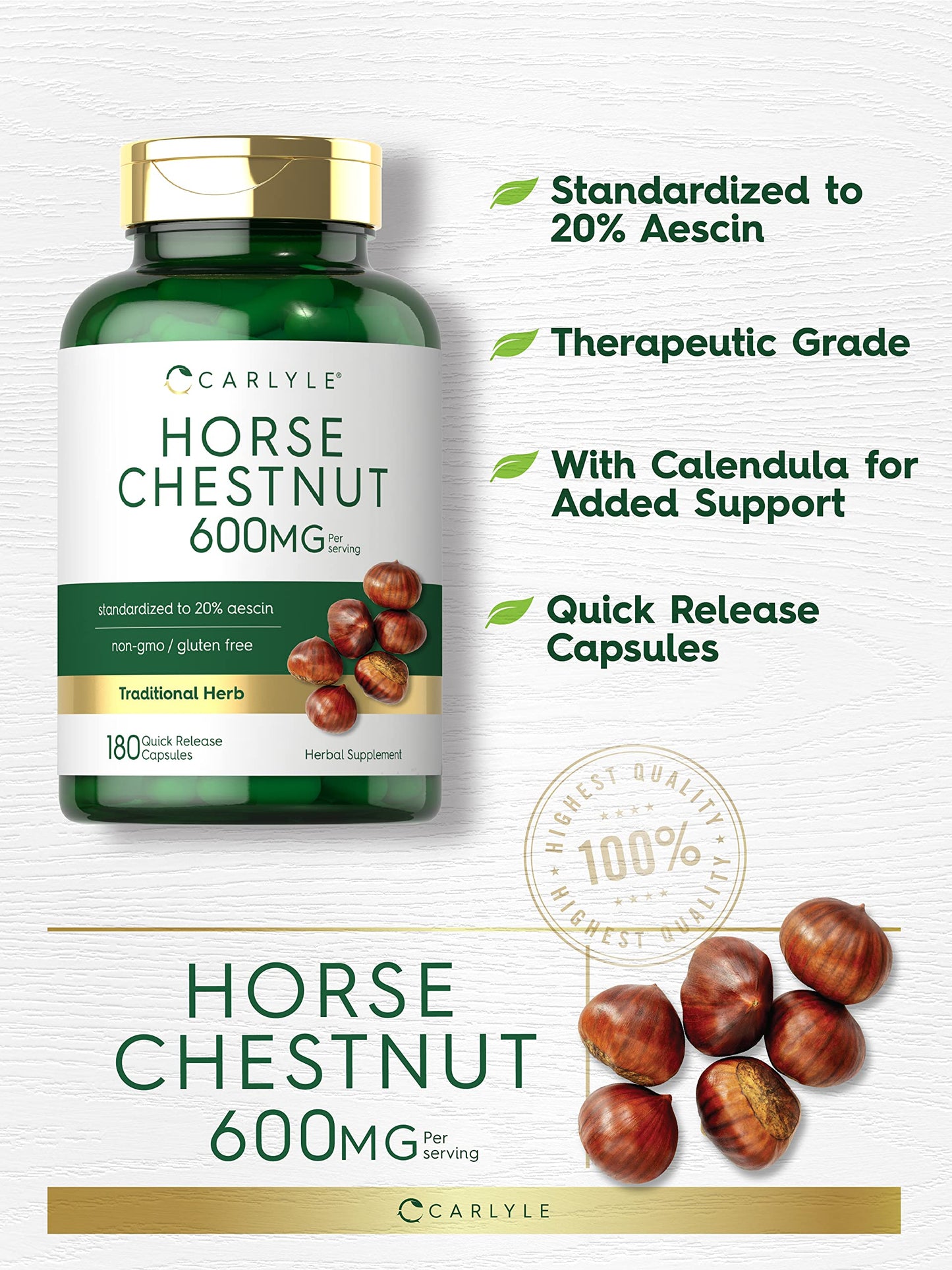 Carlyle Horse Chestnut Extract 600mg – 180 Capsules | Herbal Supplement | Non-GMO, Gluten Free
