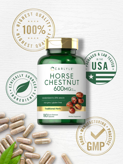Carlyle Horse Chestnut Extract 600mg – 180 Capsules | Herbal Supplement | Non-GMO, Gluten Free