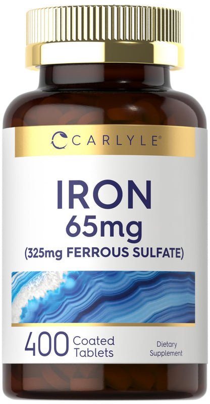 Carlyle Iron Ferrous Sulfate 65 mg | 400 Tablets | Non-GMO, Gluten Free, Vegetarian | High Potency