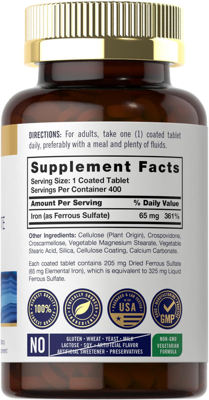 Carlyle Iron Ferrous Sulfate 65 mg | 400 Tablets | Non-GMO, Gluten Free, Vegetarian | High Potency