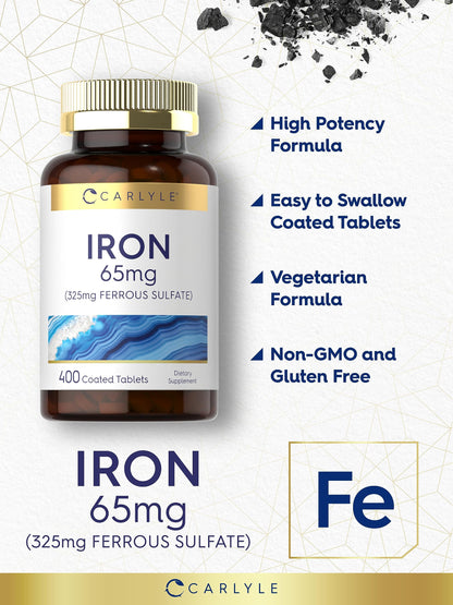 Carlyle Iron Ferrous Sulfate 65 mg | 400 Tablets | Non-GMO, Gluten Free, Vegetarian | High Potency