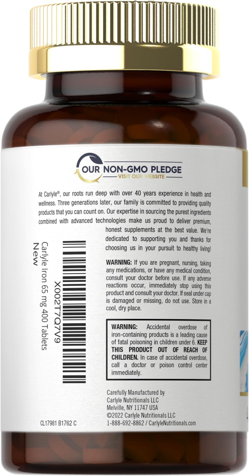 Carlyle Iron Ferrous Sulfate 65 mg | 400 Tablets | Non-GMO, Gluten Free, Vegetarian | High Potency