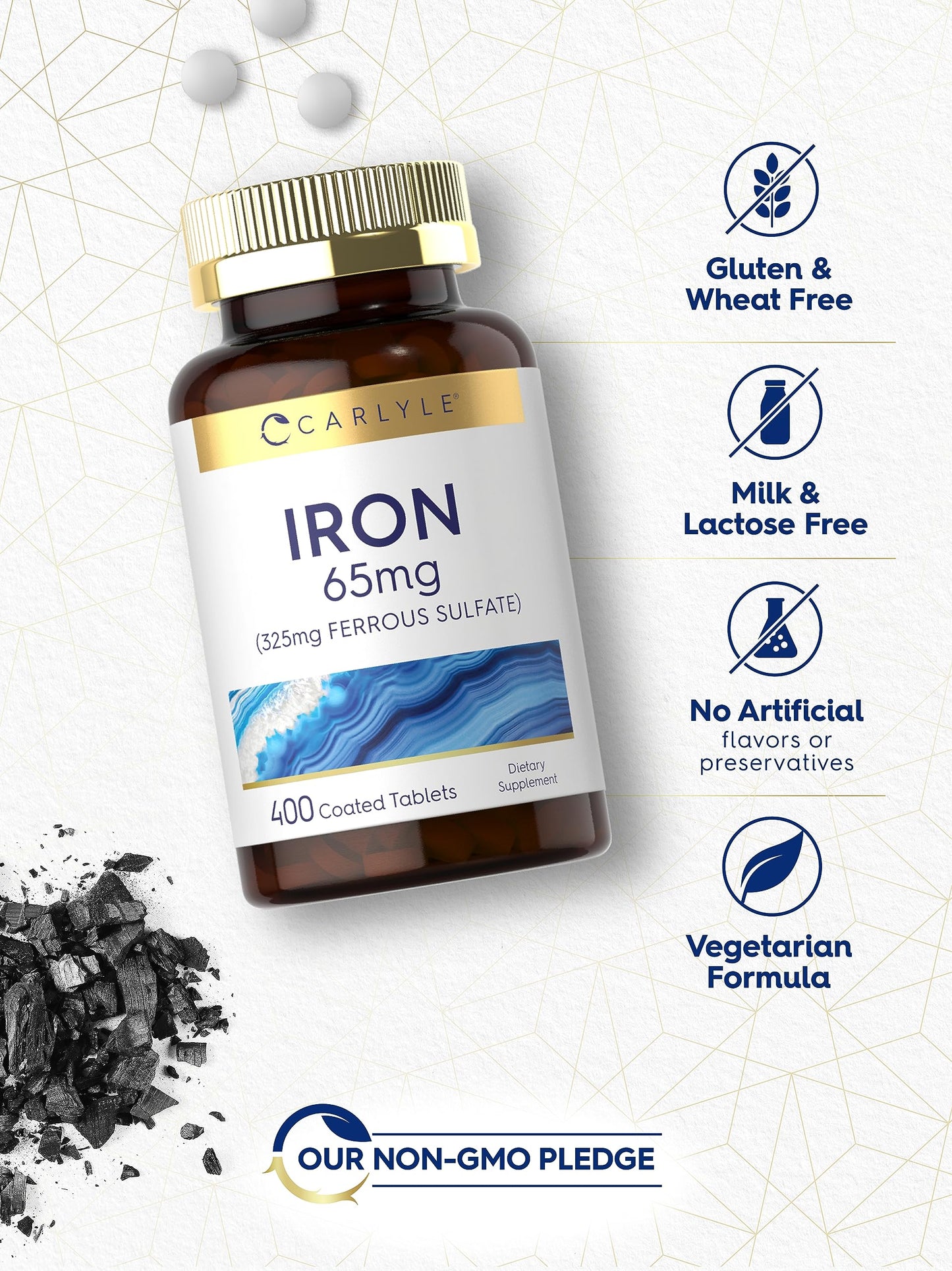 Carlyle Iron Ferrous Sulfate 65 mg | 400 Tablets | Non-GMO, Gluten Free, Vegetarian | High Potency