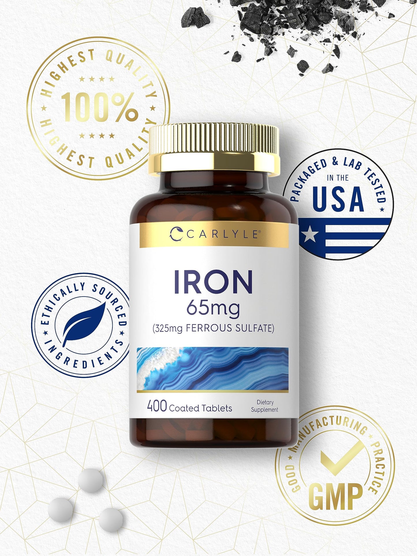 Carlyle Iron Ferrous Sulfate 65 mg | 400 Tablets | Non-GMO, Gluten Free, Vegetarian | High Potency