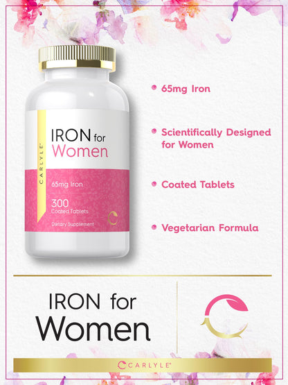 Carlyle Iron Supplement for Women 65mg | 300 Coated Tablets | Vegetarian, Non-GMO & Gluten Free