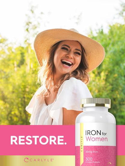 Carlyle Iron Supplement for Women 65mg | 300 Coated Tablets | Vegetarian, Non-GMO & Gluten Free