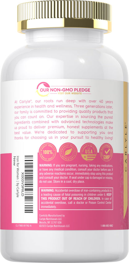 Carlyle Iron Supplement for Women 65mg | 300 Coated Tablets | Vegetarian, Non-GMO & Gluten Free