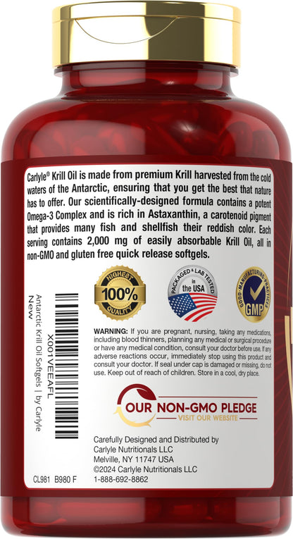 Carlyle Antarctic Krill Oil 2000 mg | 120 Softgels | Omega-3 EPA/DHA + Astaxanthin | Lab Tested
