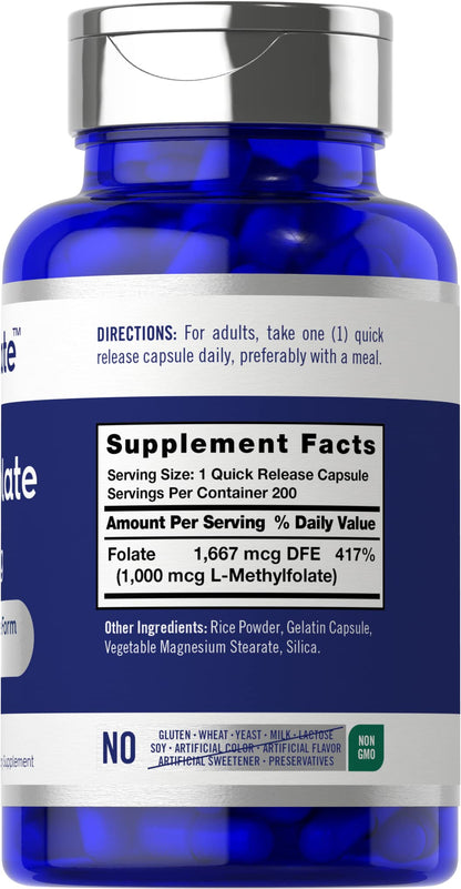 Carlyle L-Methylfolate 1000mcg | 200 Capsules | Opti-Folate – Non-GMO, Gluten Free | 5-MTHF Methyl Folate