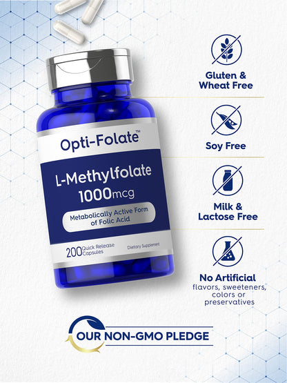 Carlyle L-Methylfolate 1000mcg | 200 Capsules | Opti-Folate – Non-GMO, Gluten Free | 5-MTHF Methyl Folate