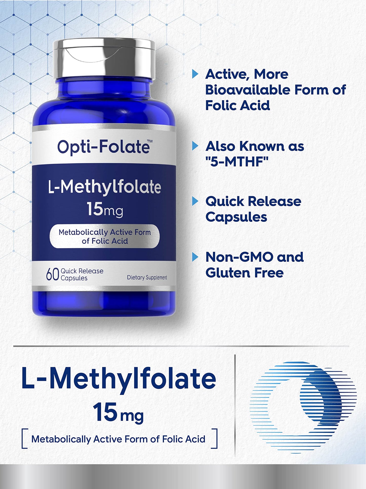 Carlyle L-Methylfolate 15mg | 60 Capsules | 5-MTHF Max Potency | Non-GMO & Gluten Free | Opti-Folate