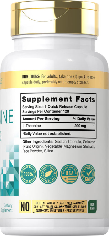 Carlyle L-Theanine 200mg Supplement | 120 Capsules | Non-GMO, Gluten Free
