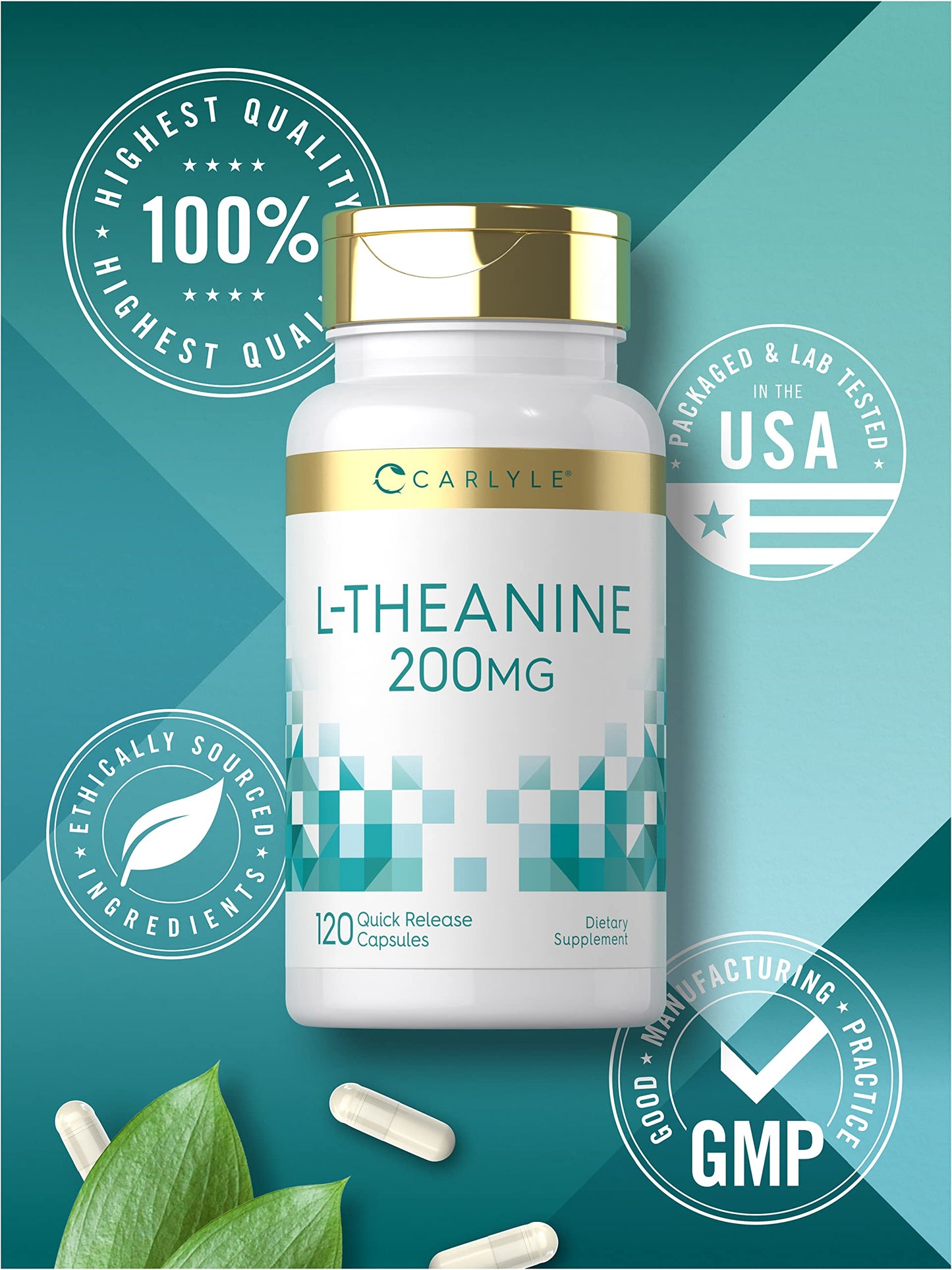 Carlyle L-Theanine 200mg Supplement | 120 Capsules | Non-GMO, Gluten Free