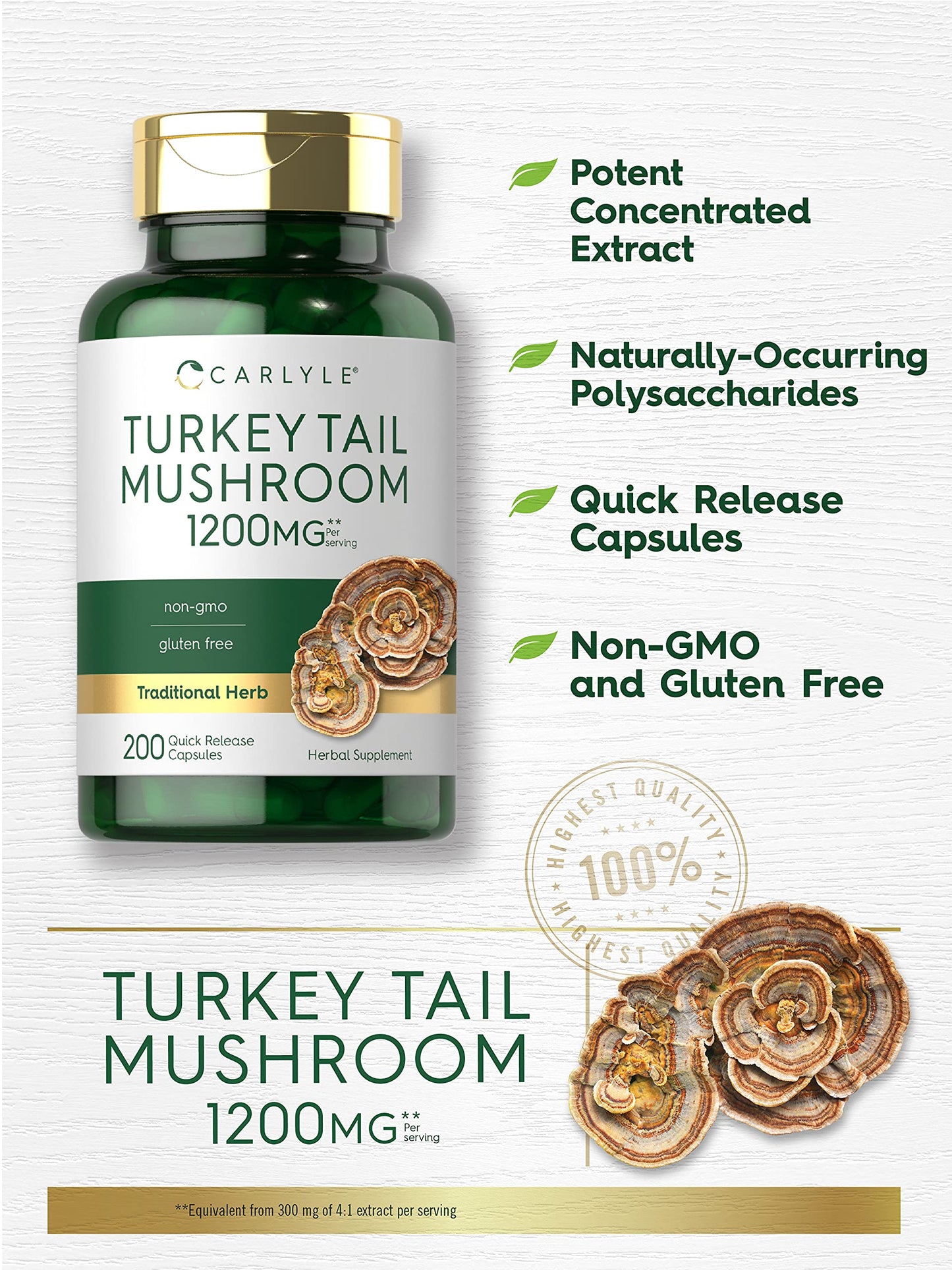 Carlyle Turkey Tail Mushroom Capsules - 1200mg, 200 Count | Non-GMO & Gluten Free
