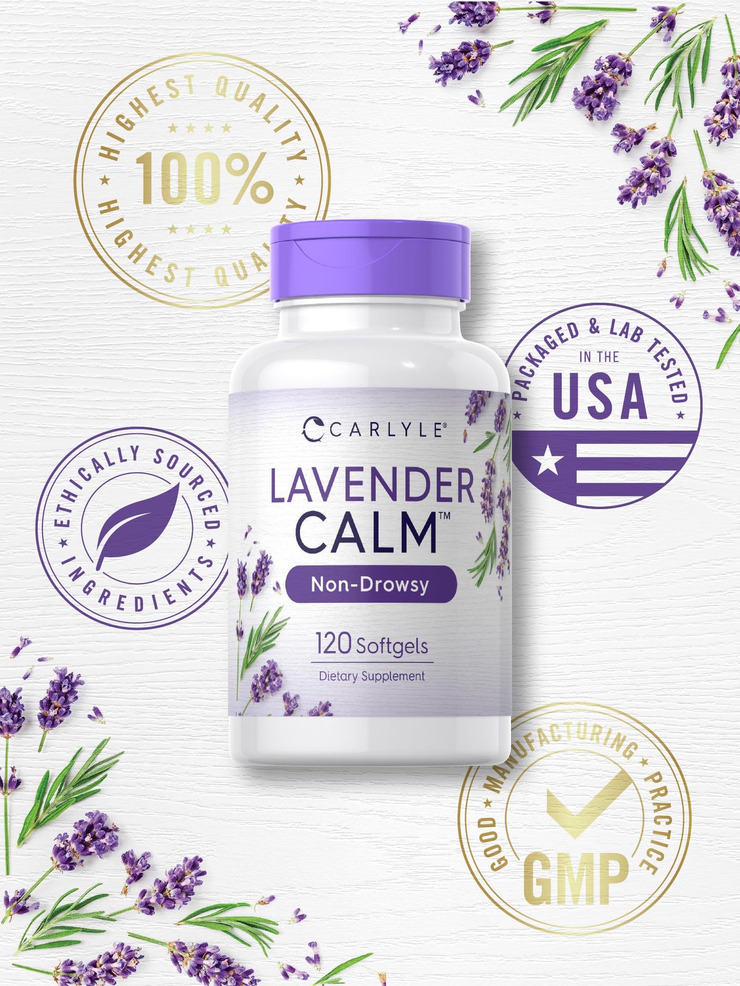 Carlyle Lavender Pills 80 mg | 120 Softgels | Calm Non-Drowsy | Gluten Free & Non-GMO