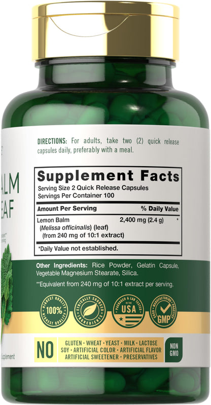 Carlyle Lemon Balm Capsules | 200 Count | Non-GMO and Gluten Free Formula | Melissa Leaf Traditional Herbal Supplement | Super Concentrated Extract