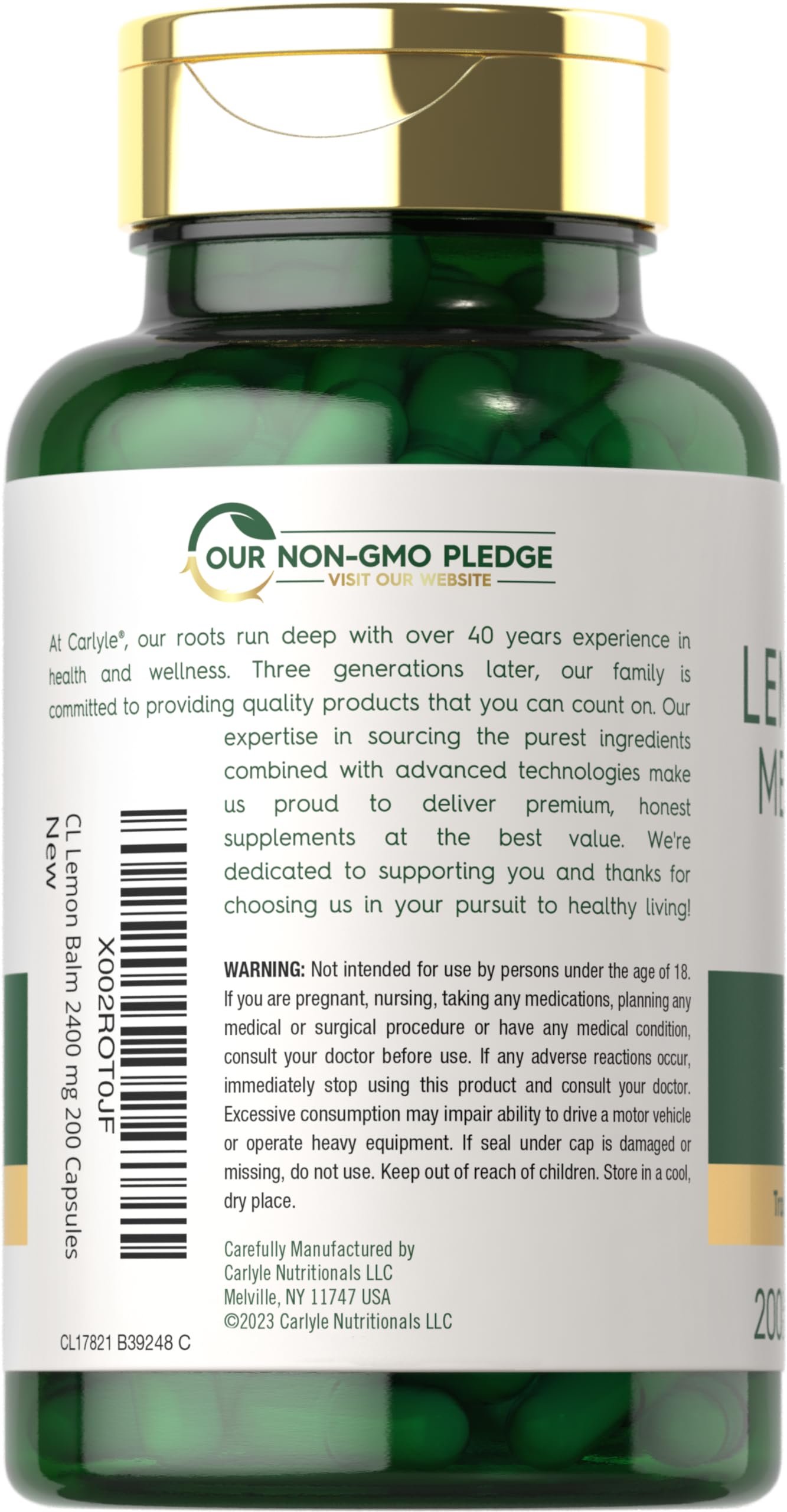 Carlyle Lemon Balm Capsules | 200 Count | Non-GMO and Gluten Free Formula | Melissa Leaf Traditional Herbal Supplement | Super Concentrated Extract